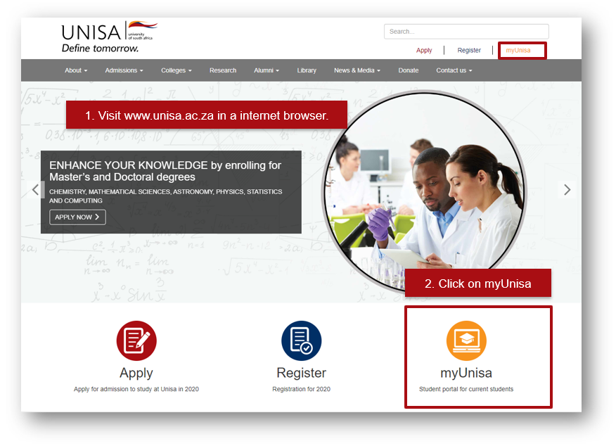 Access myUnisa from Unisa.ac.za by clicking on the myUnisa icon.