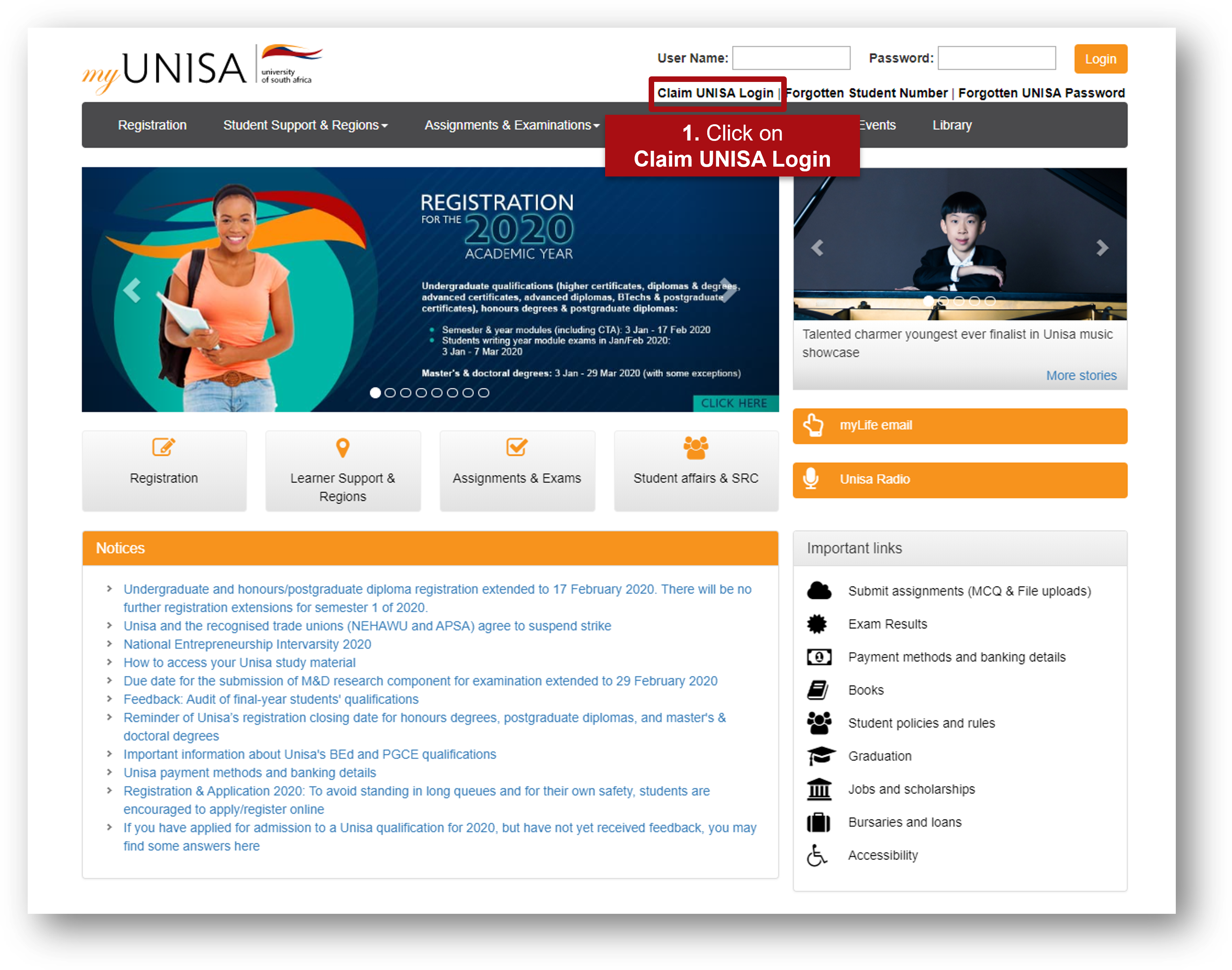 Click on Claim password on the myUnisa home page.