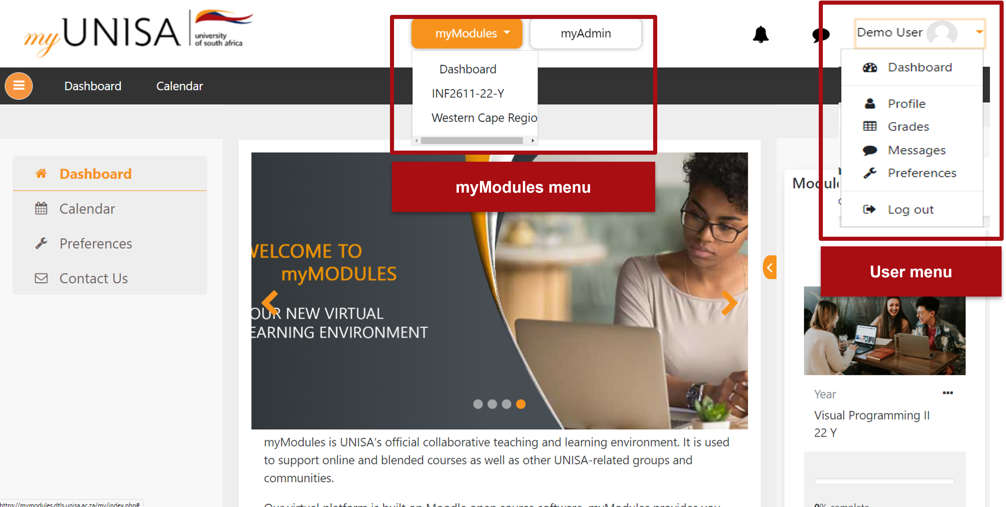 myModules and User dropdown menu.