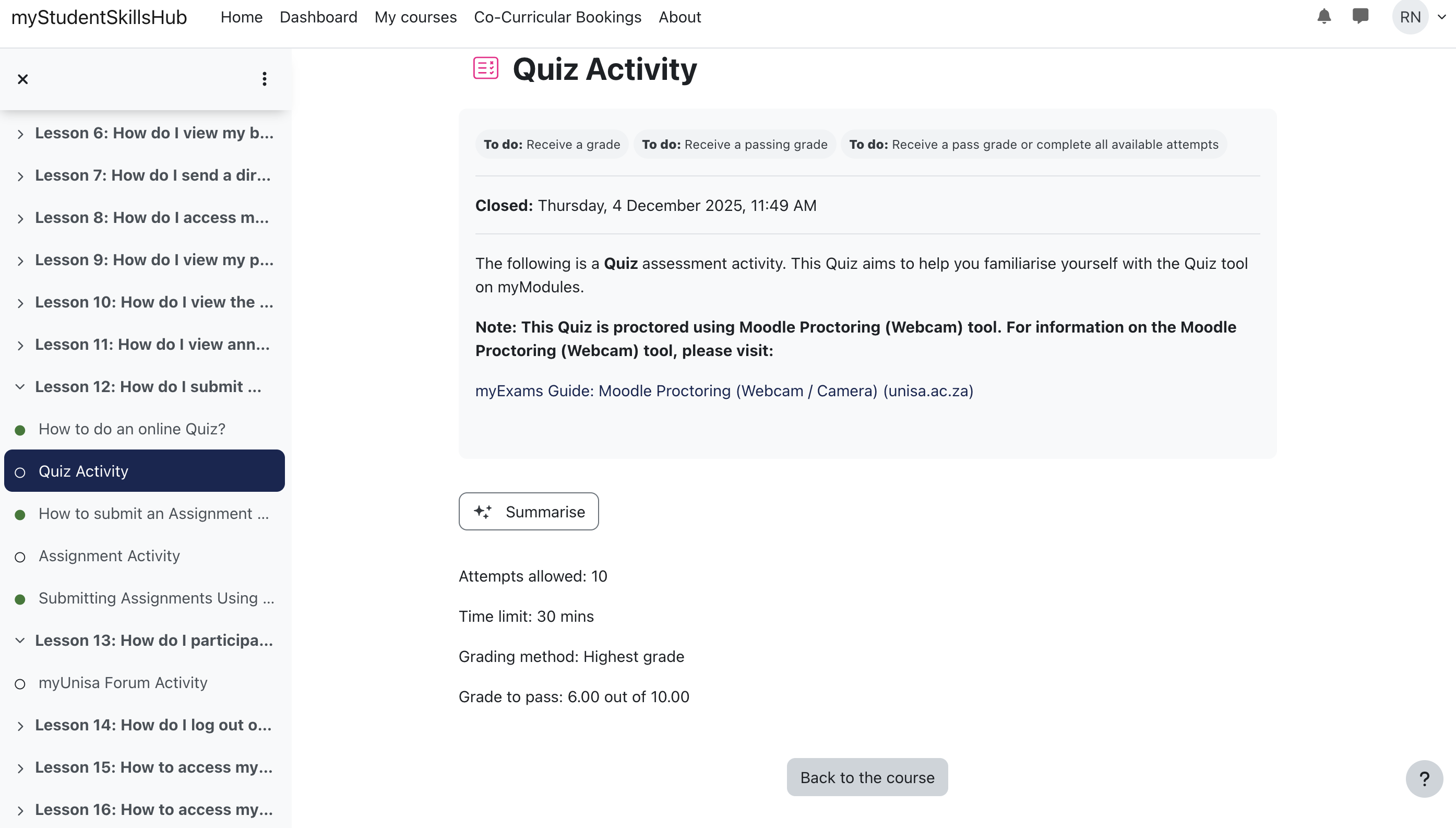 screenshot of quiz activity that's already closed