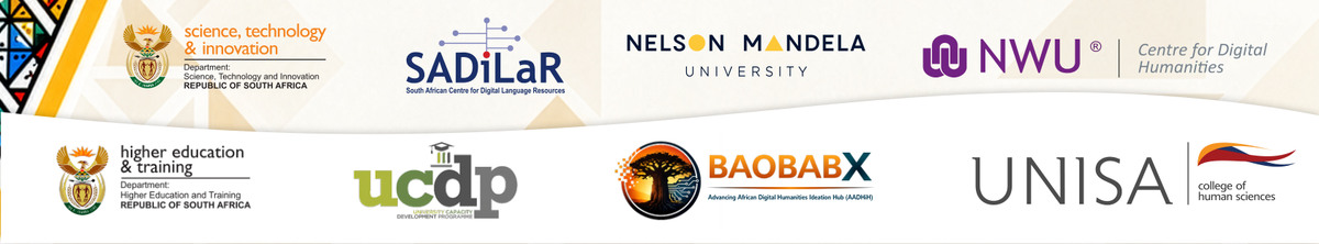 Organisations shown on the summit poster: Department of Science, Technology and Innovation; SADiLaR; Nelson Mandela University; NWU Centre for Digital Humanities; DHET; UCDP; BAOBABX; UNISA College of Human Sciences.